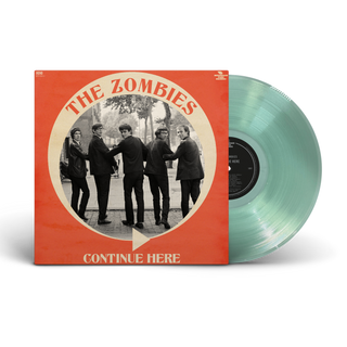 Vinyl record album titled "The Zombies - Continue Here" with a coral-orange cover featuring a black-and-white photo of the band, shown next to a translucent mint green record on a white background.