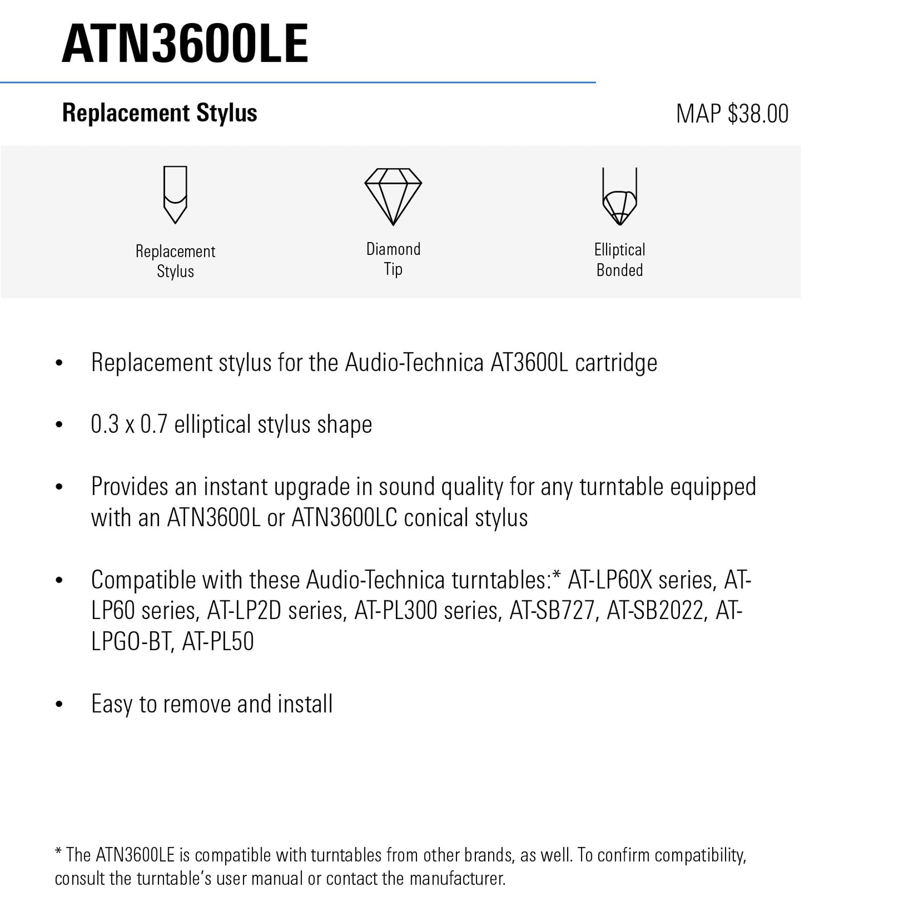 AudioTechnica ATN3600LE Nadel Mit Bürste - Für LP60X & PL300 Plattenspieler
