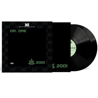 A black vinyl record partially pulled from its sleeve, shown on a white background. The sleeve and record are predominantly black with bright green text reading 'DR.
