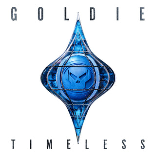 Blue geometric design with 'Goldie' and 'Timeless' text on a white background