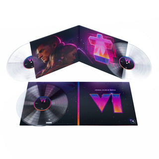 A vinyl record album set shown open and closed on a plain white background. The packaging features dark space-themed artwork with a large neon-style 'VI' graphic in pink, purple, and blue, and the center label reads 'Cinematic Score of Battlefield VI.