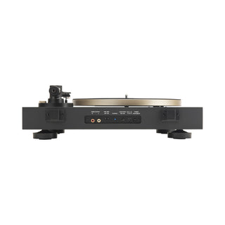 JBL turntable with a black plinth, and a gold-colored platter, shown on a white background.