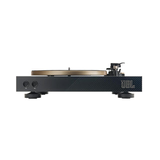 JBL turntable black plinth, and a gold-colored platter, shown on a white background.