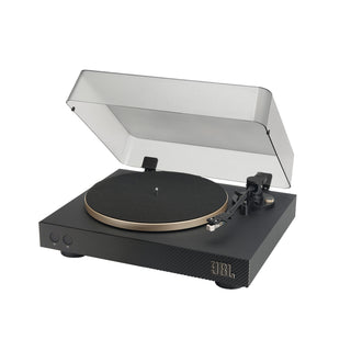 JBL turntable with a clear dust cover open, black plinth, and a gold-colored platter, shown on a white background.