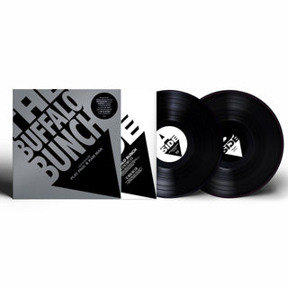 A vinyl record package on a white background, featuring a black-and-white album cover sleeve, a partially opened inner sleeve, and two black vinyl records with white center labels.