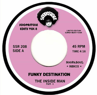 A circular vinyl record label design for 'Funky Destination' by The Inside Man, featuring a pink outer ring, white center, and black text. The top shows the 'Soopastole' logo with a black afro and the text 'SOOPASTOLE EDITS VOL 8'.