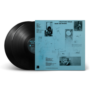 A vinyl record partially pulled from its light blue sleeve, showing the black record and the back cover artwork for Robert Lester Folsom's album 'music and dreams'.
