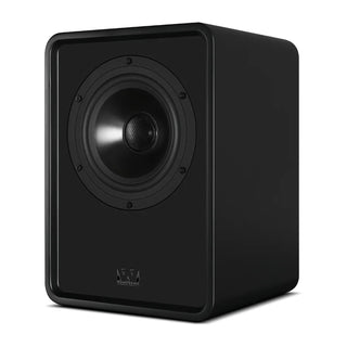 A black M-Audio subwoofer speaker shown at a three-quarter angle on a clean white background.