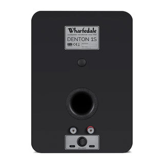 The rear view of a black Wharfedale Denton 1S bookshelf speaker, showing the input terminals, power supply, and brand label.