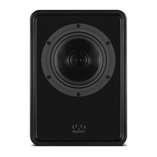 A black in-wall speaker with a large circular woofer and a small silver logo at the bottom, shown against a plain white background.