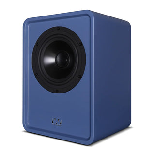 A blue studio monitor speaker with a black front driver and a small logo near the bottom, shown on a clean white background.