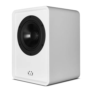 A white W1010 bookshelf speaker with a black front-facing driver and a small black logo near the bottom, shown on a clean white background.