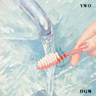A stylized illustration of a hand holding a red toothbrush under running water from a faucet, with the text 'YMO' at the top right and 'BGM' at the bottom right.