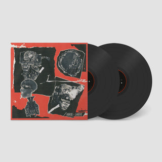 A two-LP vinyl record album shown with its illustrated sleeve on a light gray background. The sleeve features a red border and black collage-style artwork with grayscale portrait fragments, and the two black records are partially pulled out from the right side.