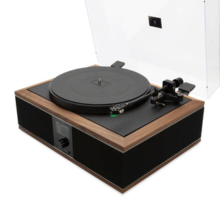 A turntable with a black body, walnut wood trim, and a clear acrylic dust cover, shown on a white background.