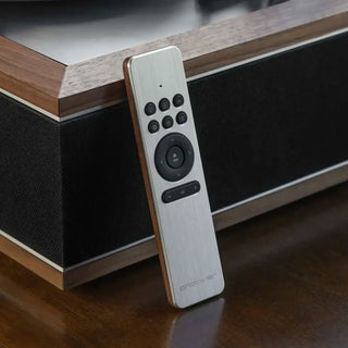 Remote control on a wooden surface with a speaker in the background