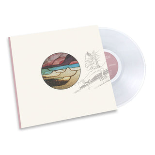 A vinyl record partially tucked inside its cream-colored sleeve, shown on a clean white background. The sleeve features a circular abstract landscape illustration and a line drawing of a bird, while the translucent clear record reveals a muted pink label.