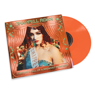ChapPELL Roan 'The Rise & Fall of a Midwest Princess' vinyl record with its illustrated orange cover and a translucent orange record partially visible behind it, on a white background.