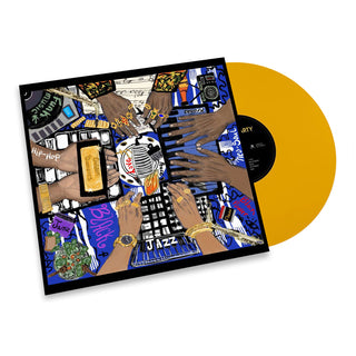 A vinyl record album shown at an angle with its illustrated cover partially obscuring a translucent mustard-yellow record. The cover artwork is a busy collage with hands, a microphone, keyboards, and graffiti-style text in blue, black, white, and gold tones.
