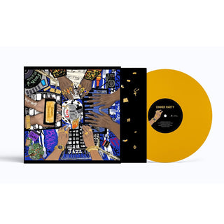A vinyl record album shown with its illustrated outer cover, black inner sleeve, and a translucent mustard-yellow record on a light gray background.