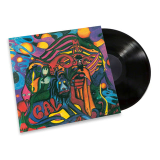 A vinyl record partially pulled from its illustrated sleeve, shown on a clean white background. The sleeve features a vivid psychedelic painting with multiple bright colors and the word "CALYPS" visible near the bottom.