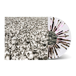 A vinyl record album shown on a white background, with the sleeve featuring a black-and-white crowd photograph and the record itself having a translucent white base with dark radial streaks and small pink accents.