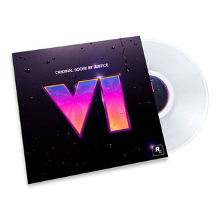 Vinyl record album cover for 'Original Score by Justice' featuring a large stylized 'VI' in a pink, purple, and orange gradient on a black water-droplet background, with a translucent white record partially visible behind the cover.