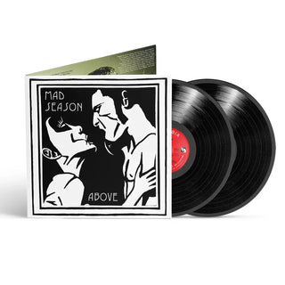 Mad Season - Above vinyl record set, featuring a black and white illustrated album cover with two black vinyl records partially pulled from the sleeve, on a white background.