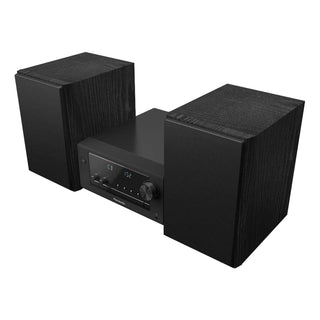 Black audio system with two speakers on a white background 

Panasonic
SC-PM700PP-K Stereo System (CD Player, Bluetooth, FM Radio)