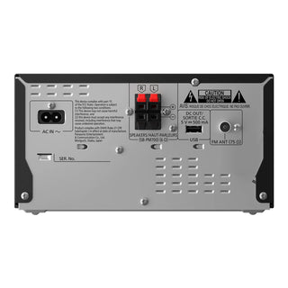 Back panel of an electronic device with various ports and labels on a white background Panasonic
SC-PM700PP-K Stereo System (CD Player, Bluetooth, FM Radio
