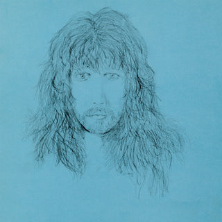 A monochrome sketch portrait of a person with long hair, rendered in dark lines on a solid light blue background.