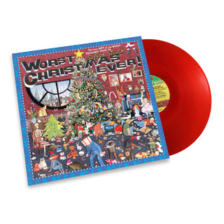 Spotify Streamed 'Worst Christmas Ever!' vinyl record album with its illustrated cover and a translucent red vinyl disc partially visible, set against a plain white background.