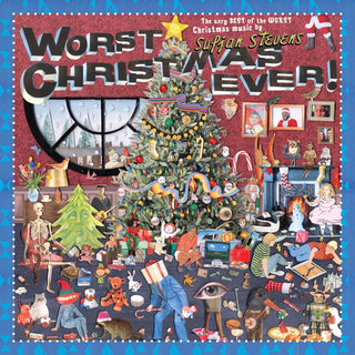 Album cover for 'Worst Christmas Ever!' by Sufjan Stevens, featuring a chaotic, crowded Christmas living room scene with a decorated tree, stockings, gifts, and humorous figures, framed by a blue dotted border.
