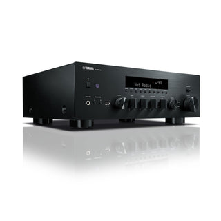 Black audio amplifier with Yamaha logo on a white background