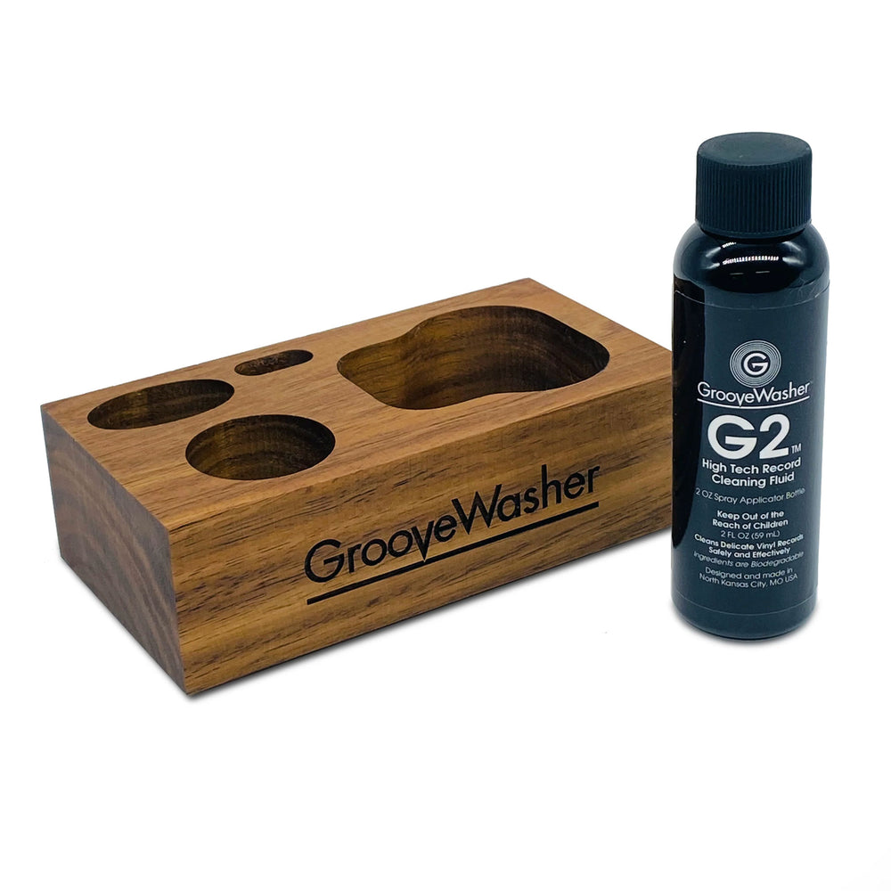 GrooveWasher: Walnut Display Block + 2oz G2 Fluid Bottle