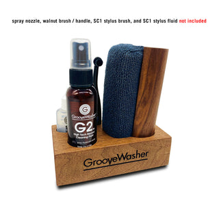 GrooveWasher: Walnut Display Block + 2oz G2 Fluid Bottle