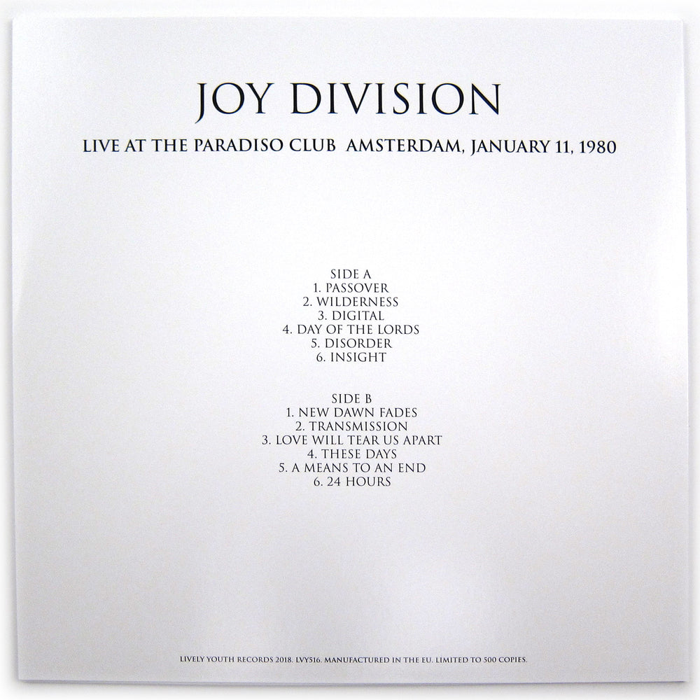Joy Division: Live At The Paradiso Club, Amsterdam January 11, 1980 LP